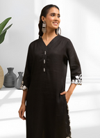 Joban Fashion Black Linen Embroidered Readymade Long Kurta With Pant | Grocsy