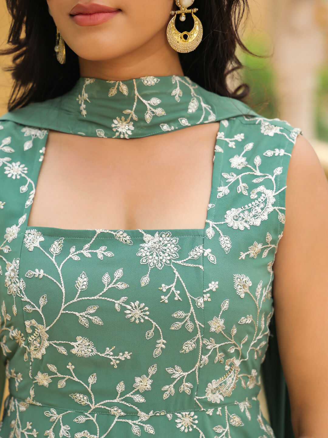 Janasya Sage Green Georgette Embroidered Kurta,Bottom & Dupatta | Grocsy