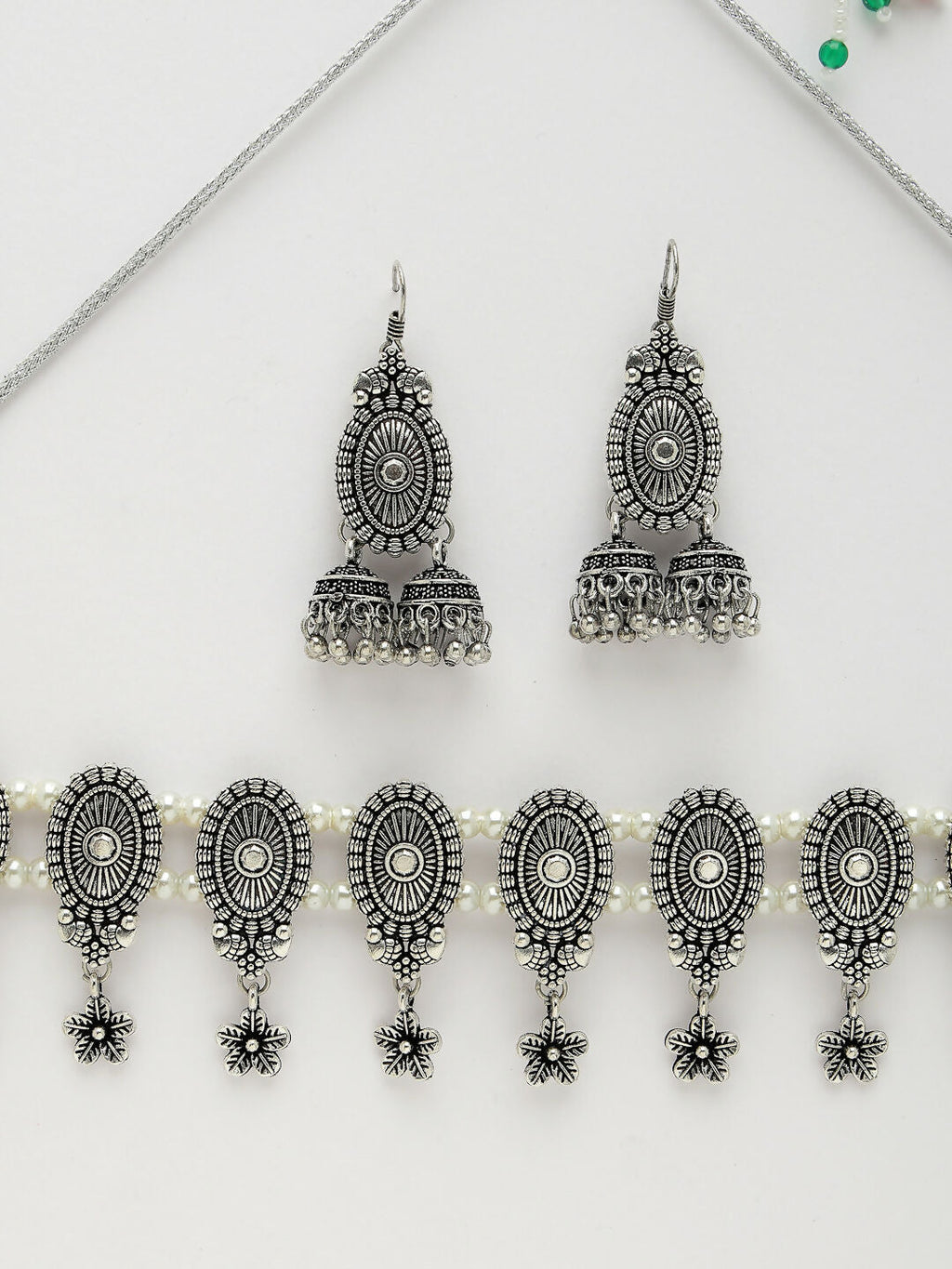NVR Women's Silver-Plated Choke Oxidized Necklace with Jhumka Earrings | Grocsy