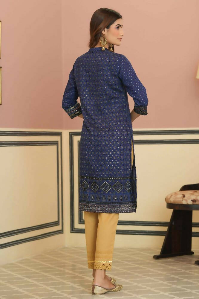 Juniper Indigo Rayon Festive Gold Foil Printed Straight Kurta For Women | Grocsy
