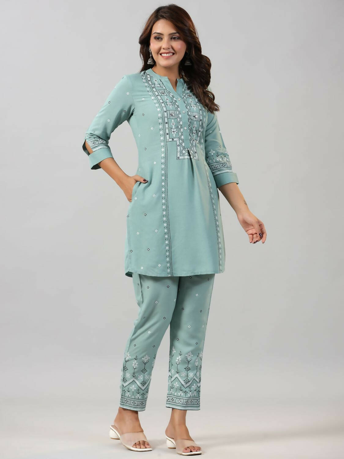 Juniper Women Sage Green Rayon Staple printed Kurta and Pants Set | Grocsy
