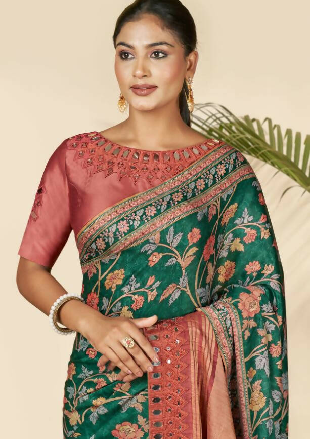 Green Gajji Silk Floral Print with Hand Mirror work Border Saree - Norita Nirvi | Grocsy