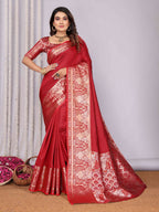 Joban Fashion Red Woven Banarasi Silk Sarees | Grocsy