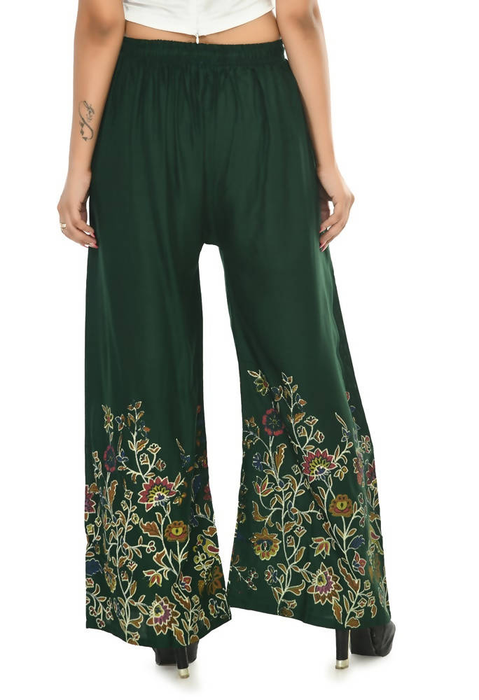 Mominos Fashion Moeza Reyon Cotton Bottle Green Floral Palazzo | Grocsy