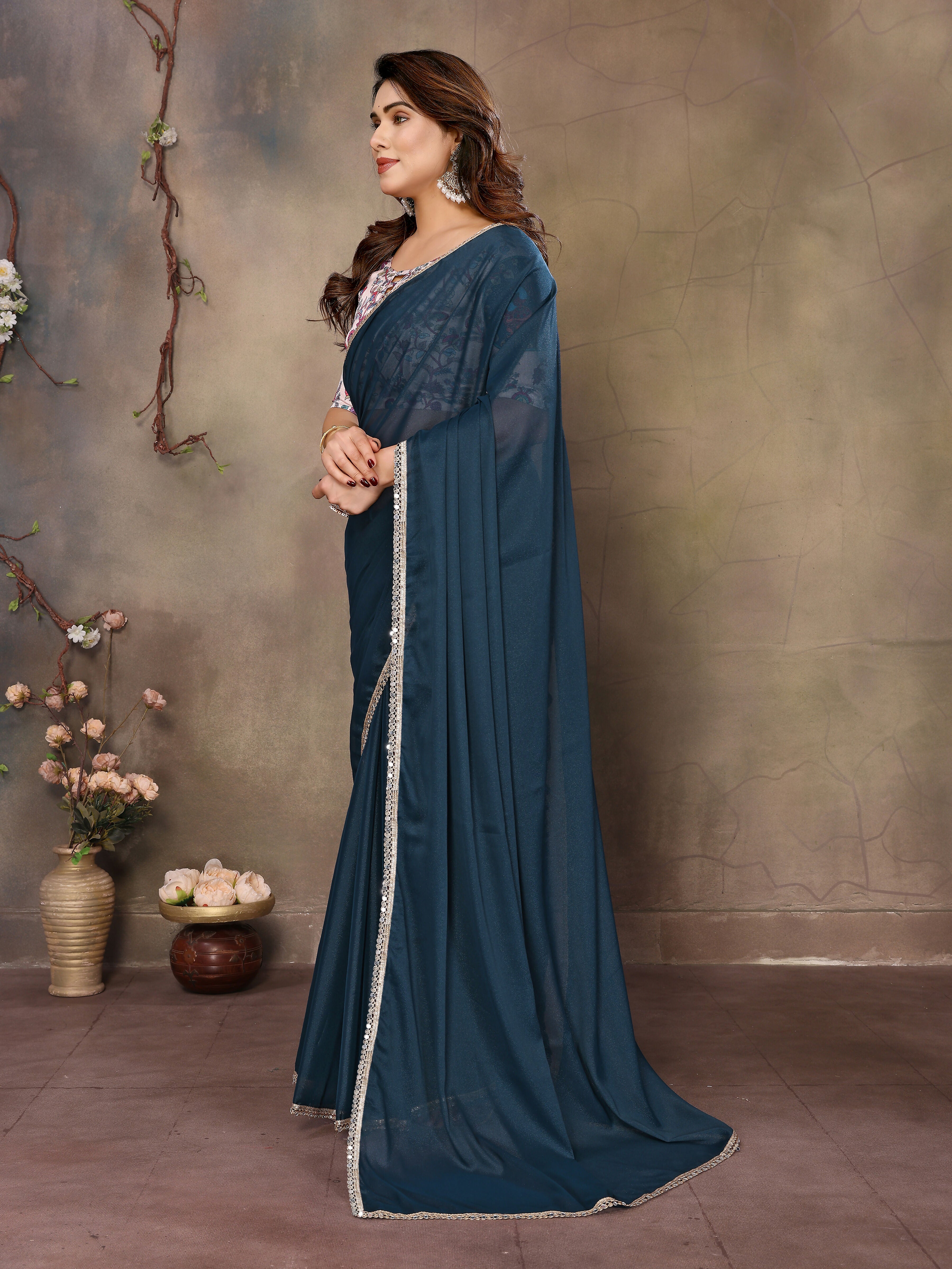 Partywear traditional Georgette Morpich Fancy Saree - Anbazaar | Grocsy