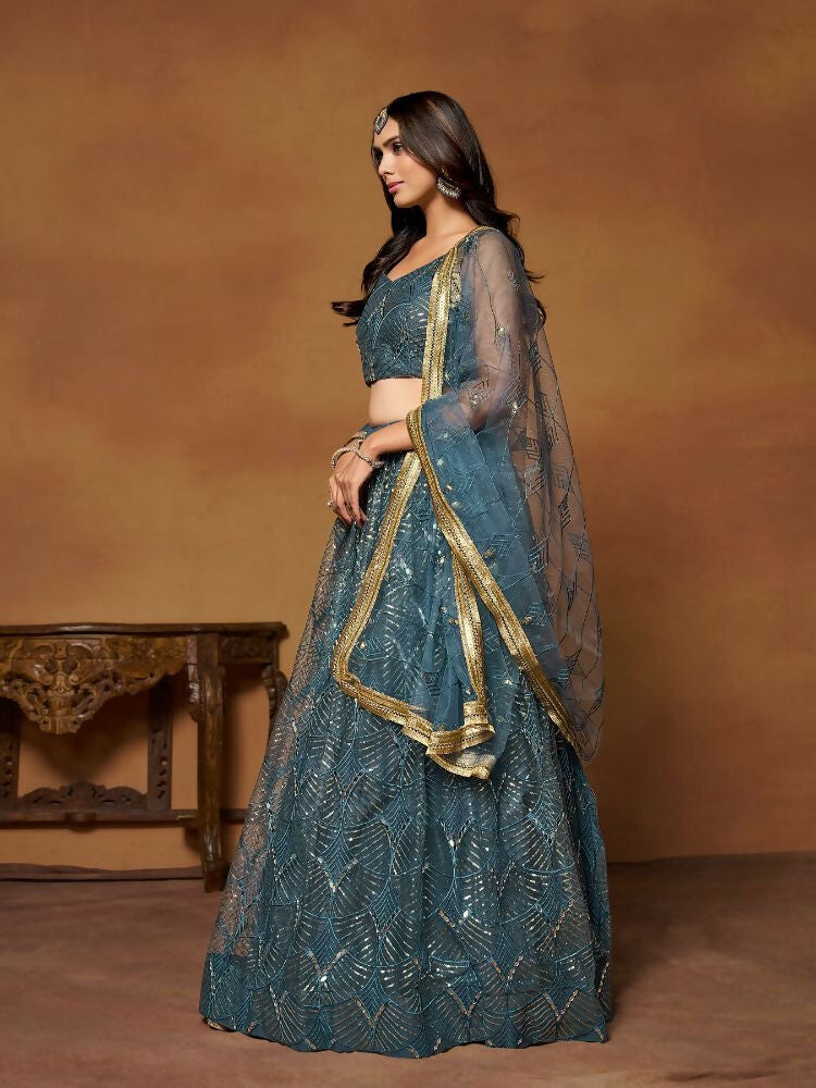Blue Butterfly Soft Net Embroidery With Real Mirror Work Lehenga Choli - Jihu Culture | Grocsy