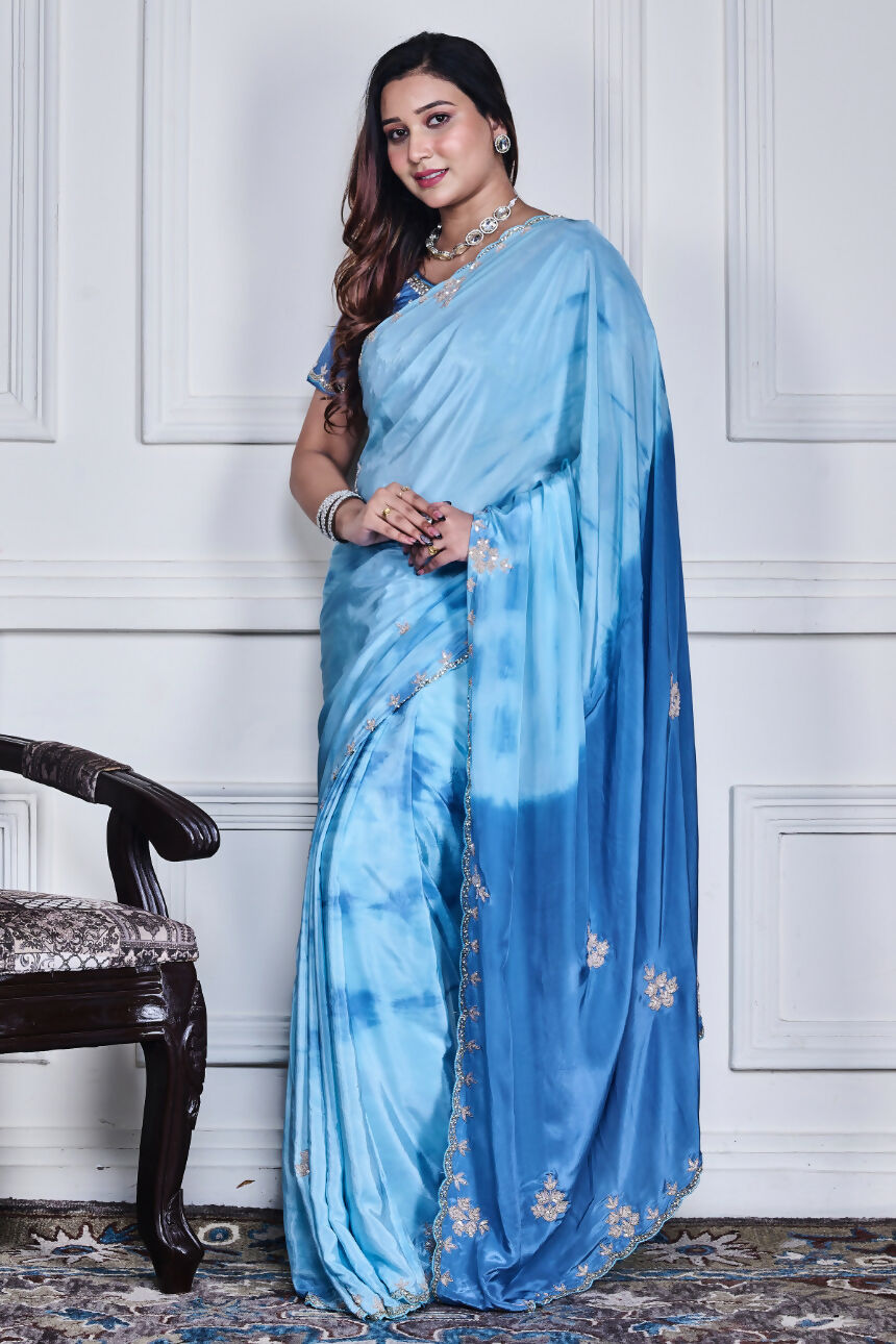 Morchari Sky Blue Crepe Hand Embroidery Saree And Stitched Blouse | Grocsy