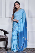 Morchari Sky Blue Crepe Hand Embroidery Saree And Stitched Blouse | Grocsy