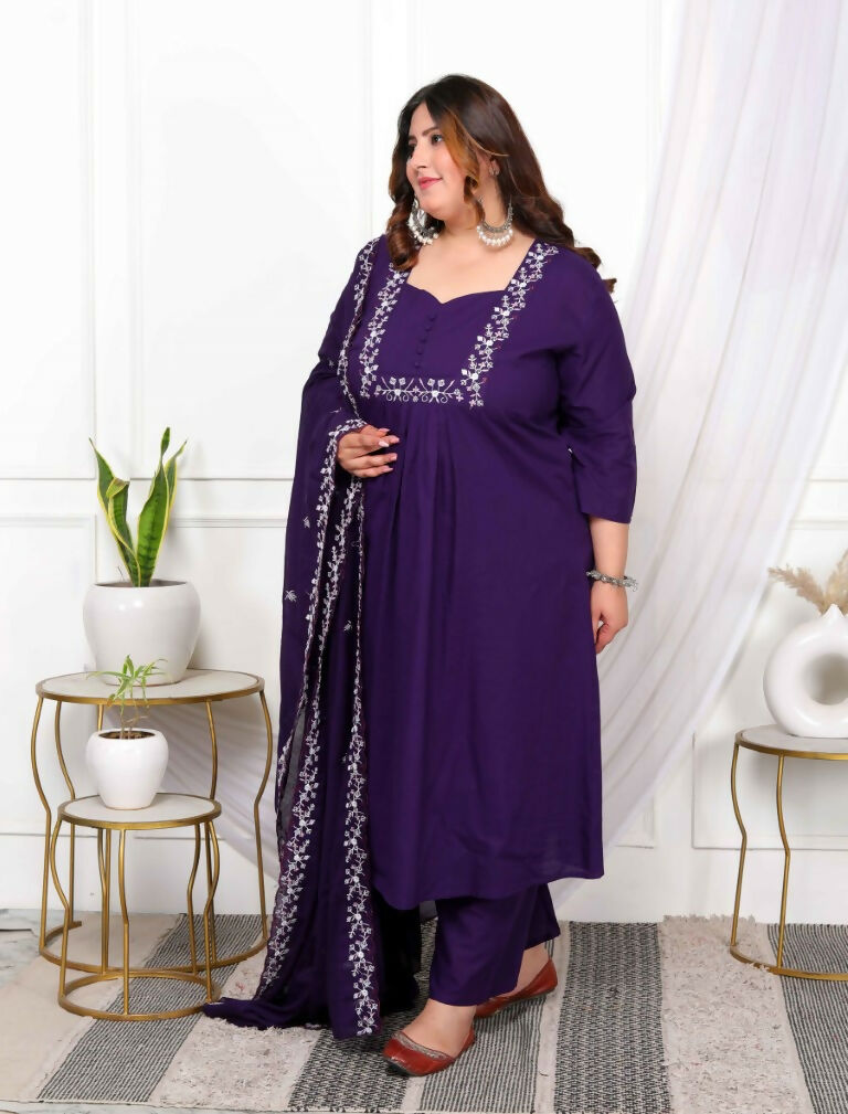Miravan Women's Plus Size Cotton Purple A-Line Kurta With Embroidered Neck And Palazzo With Embroidered Dupatta Set | Grocsy