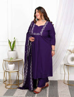 Miravan Women's Plus Size Cotton Purple A-Line Kurta With Embroidered Neck And Palazzo With Embroidered Dupatta Set | Grocsy