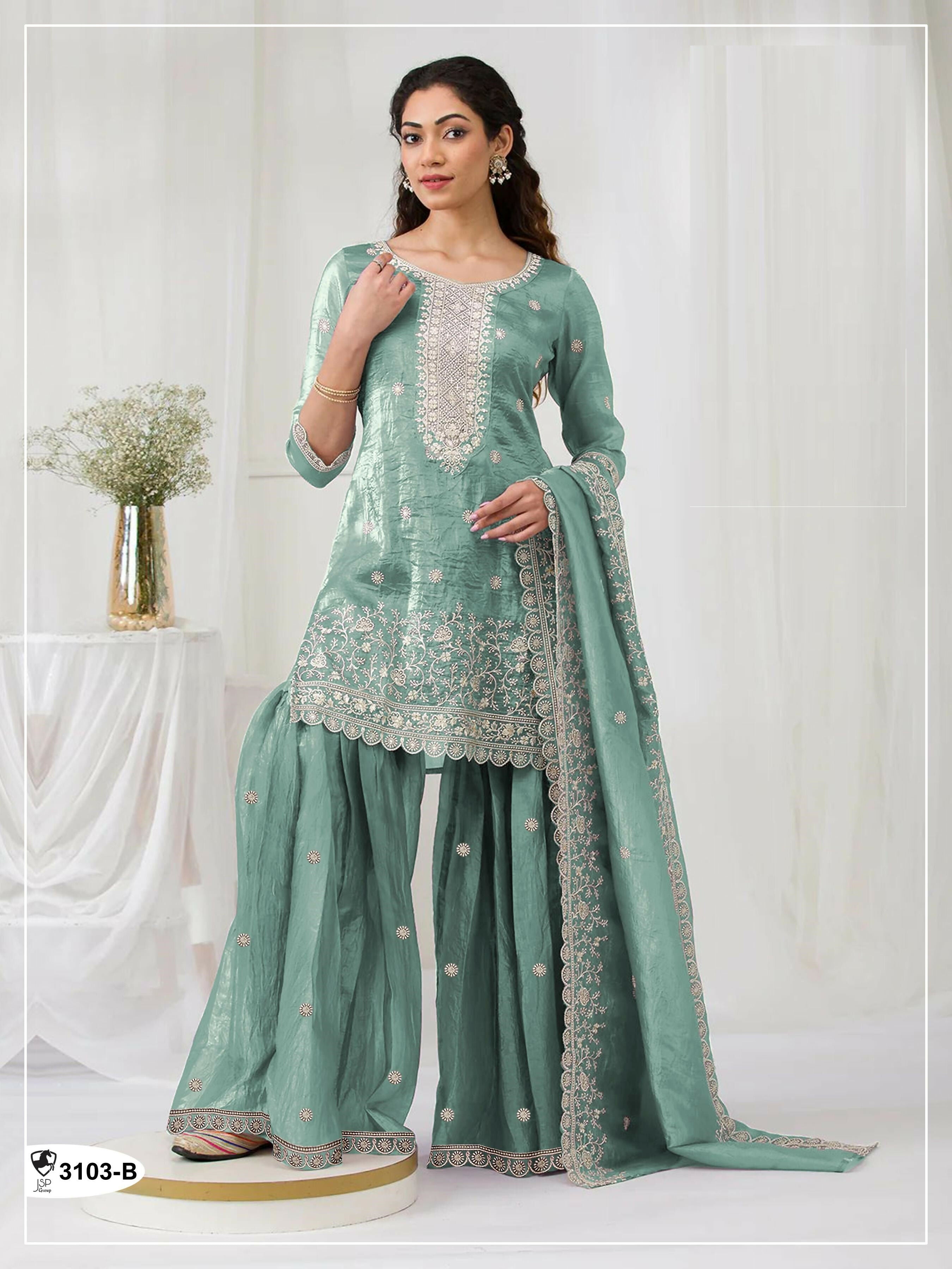 Anaita Sky Blue Gold Crush Stitched suit with heavy embroidery work | Grocsy