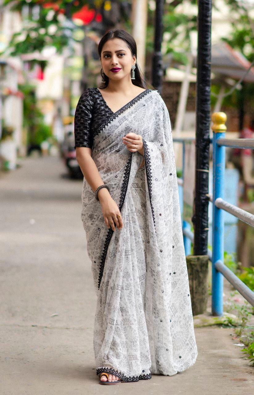 Black Pure Georgette Warli Saree with Unstitched Blouse - A2M | Grocsy
