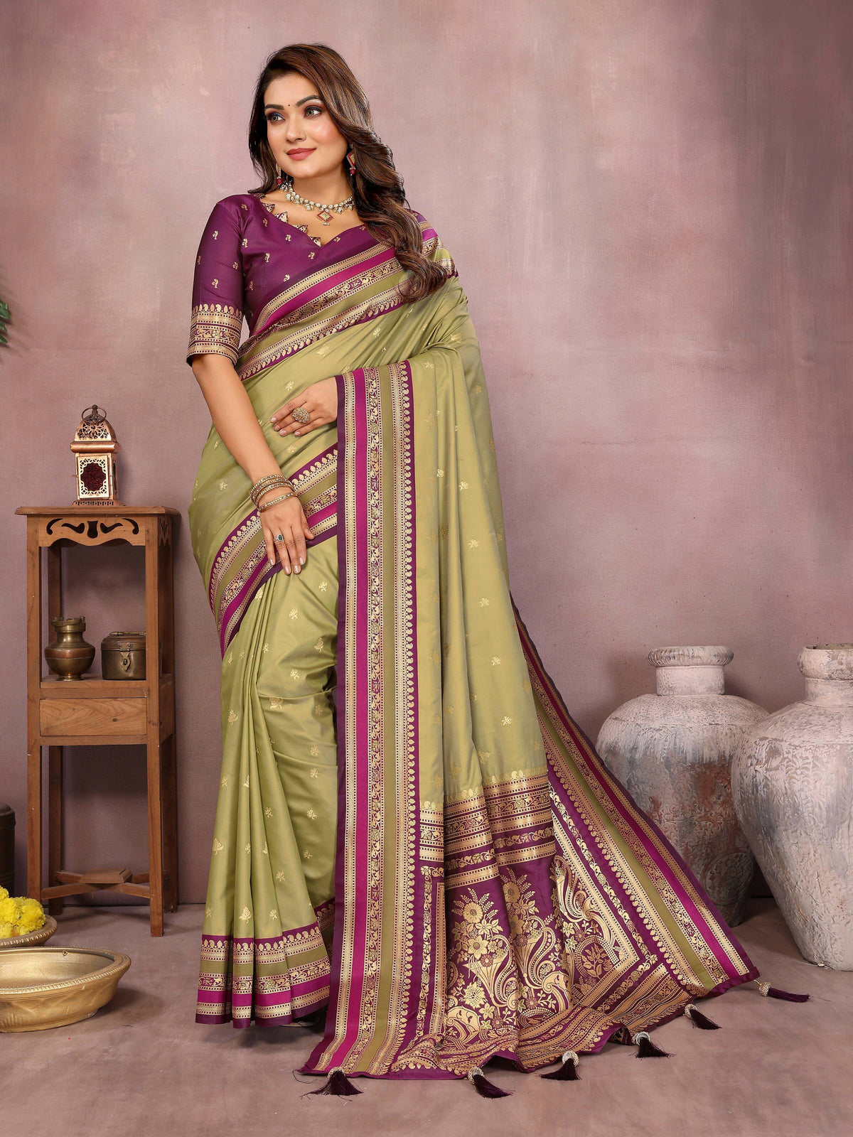 Aastha Fashion Mehndi Kalamkari Silk Weaving Saree | Grocsy