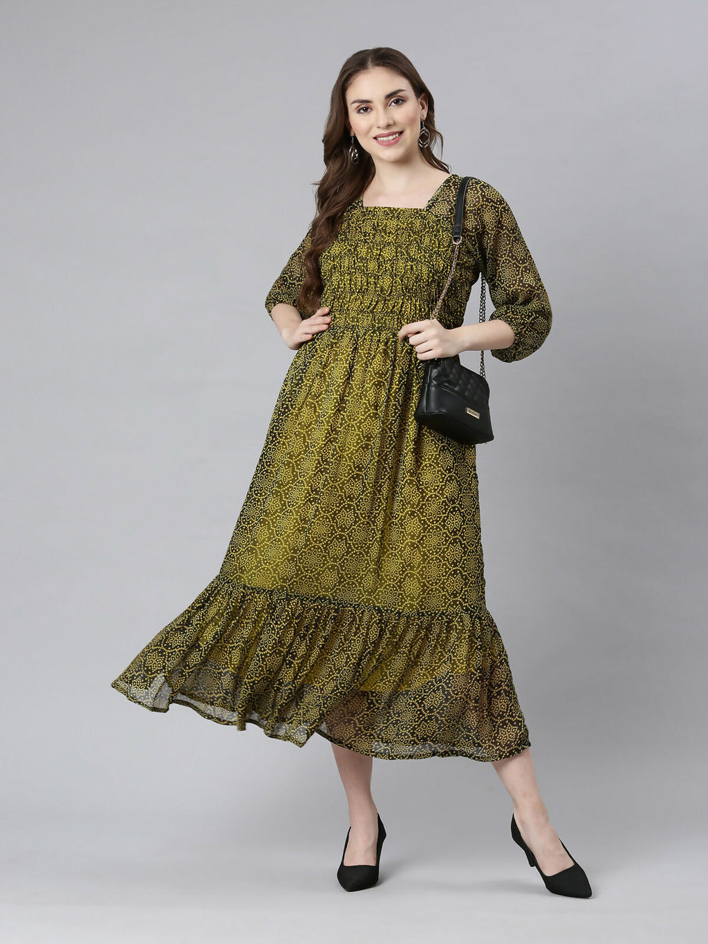 Souchii Black Bandhani Printed Ethnic Fit & Flare Dress | Grocsy