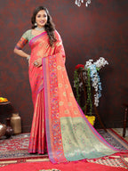 Lorenvalley Fashion Peach Kanjivaram Silk Woven Design with Zari Weaving Saree | Grocsy
