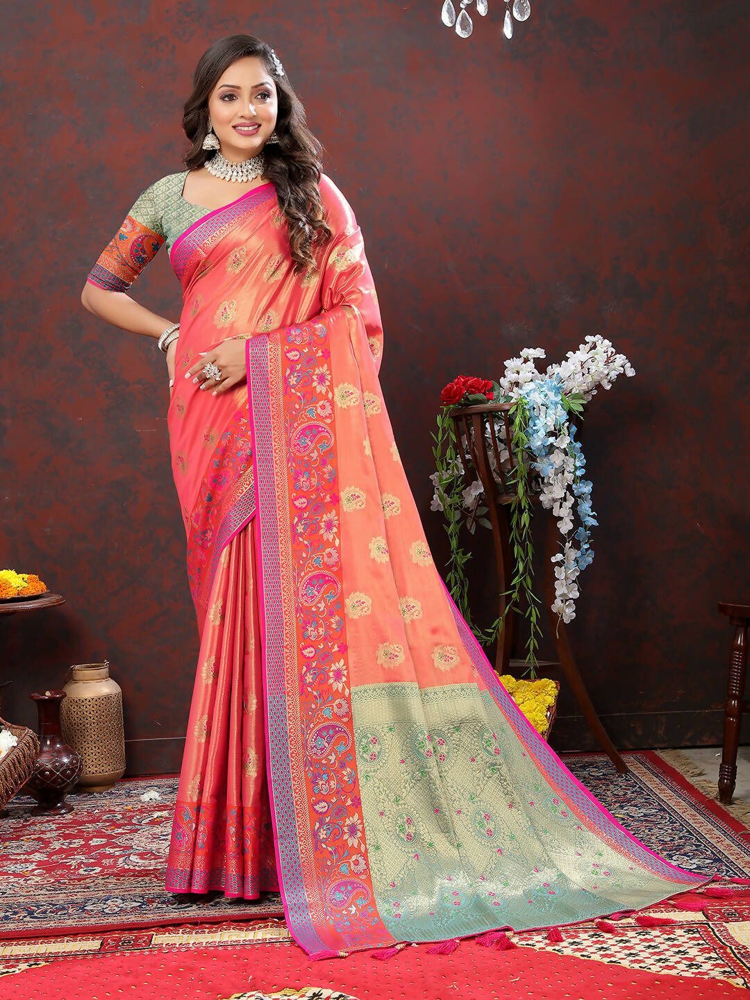 Lorenvalley Fashion Peach Kanjivaram Silk Woven Design with Zari Weaving Saree | Grocsy