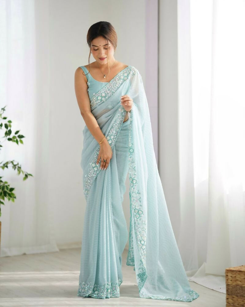 Georgette Designer Sequance Embroidery Work Party Wear Saree - Sky Blue | Grocsy