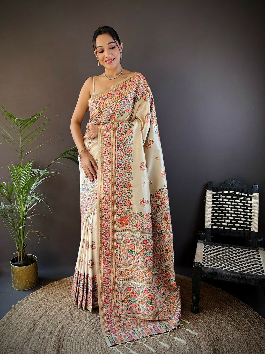 Joban Fashion White Meena Weaves Pashmina Sarees | Grocsy