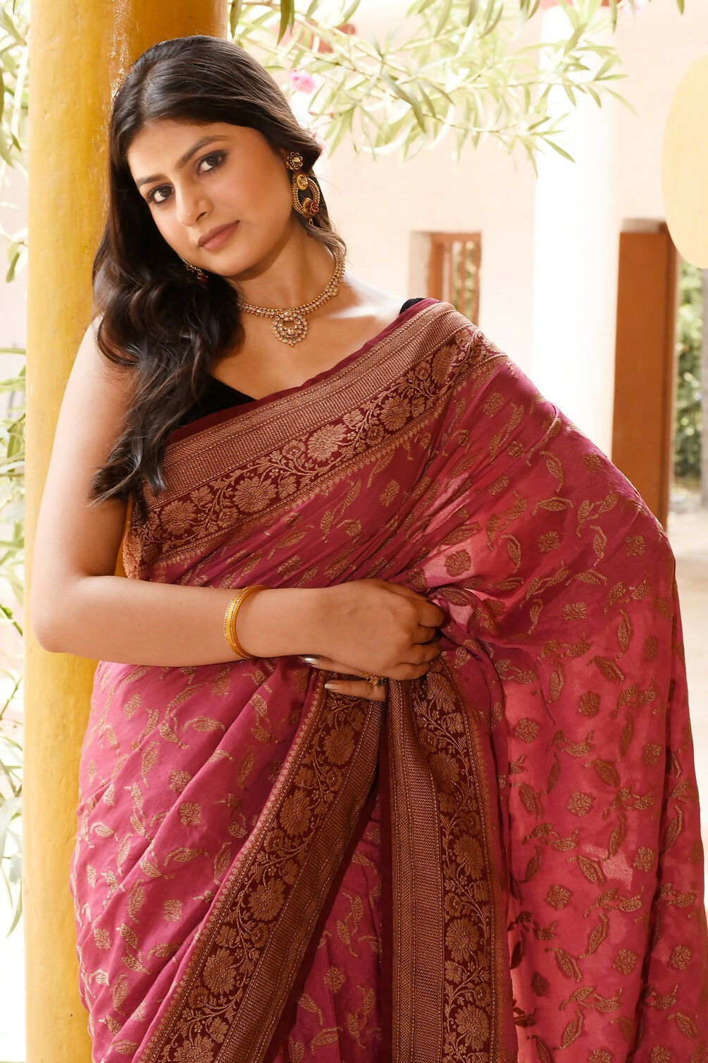 Joban Fashion Dark Pink Crepe Chiffon Pure Handloom Banarasi Silk Saree | Grocsy