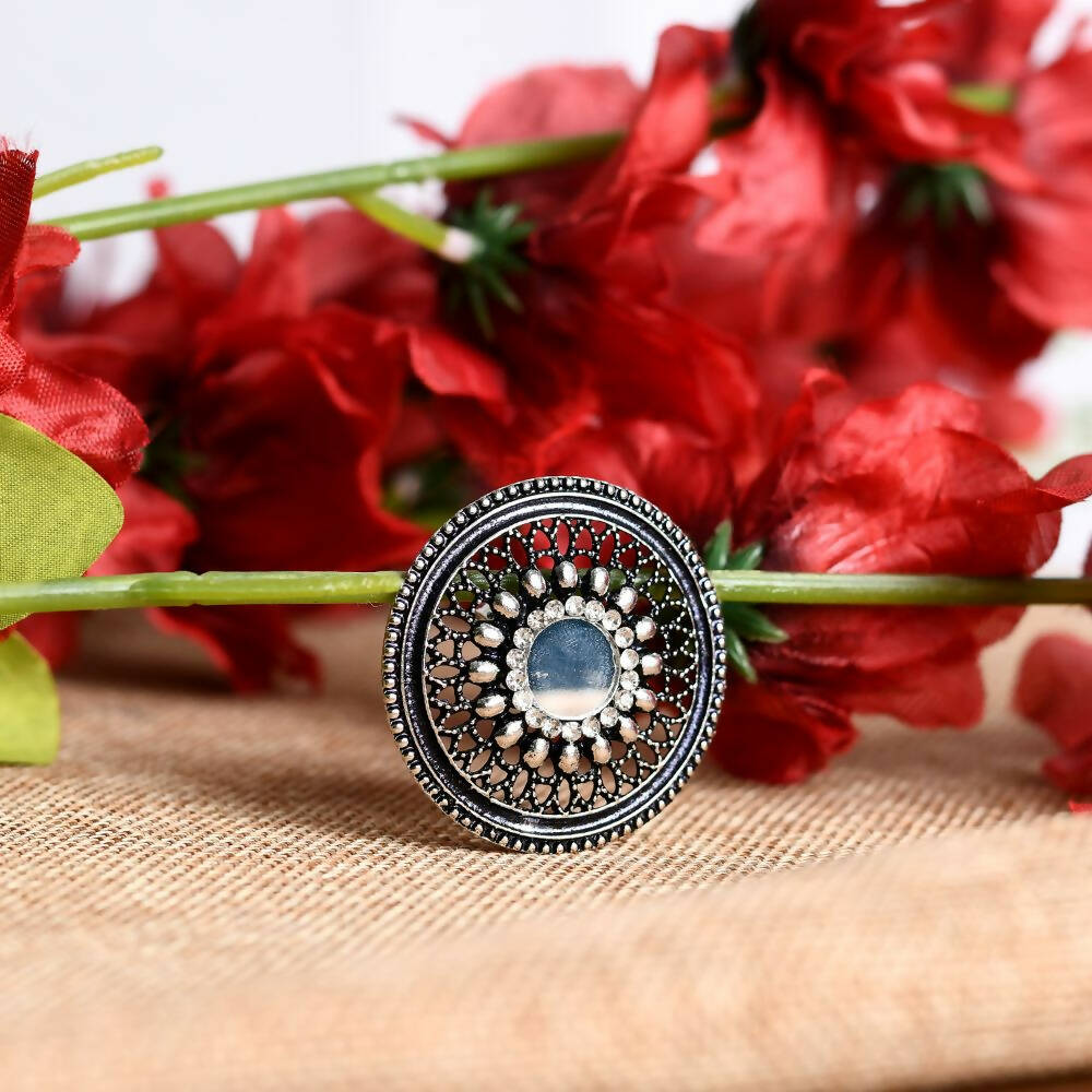 Mominos Fashion Joharkamal Oxidised Silver-Toned Adjustable Finger Ring | Grocsy