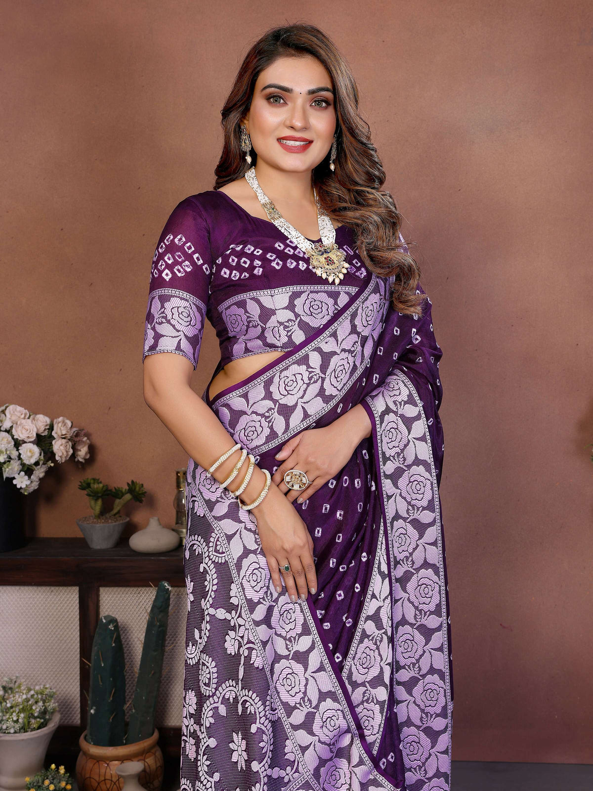Aastha Fashion Purple Viscose Silk Handmade Original Bandhej Saree | Grocsy