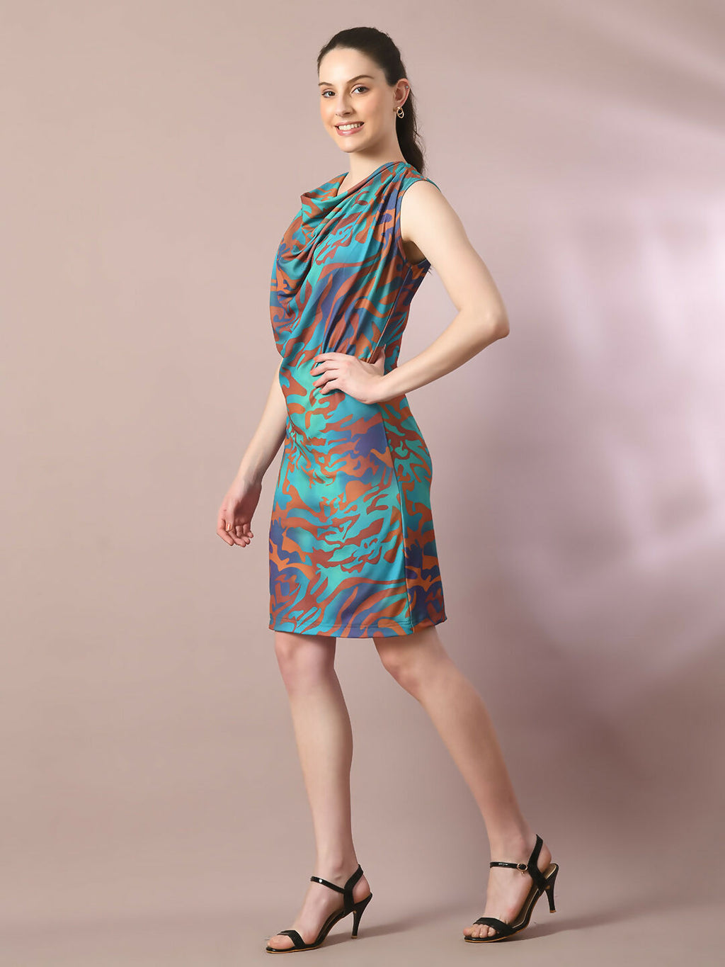 Myshka Women's Multi Printed Cowl Neck Bodycon Party Dress | Grocsy