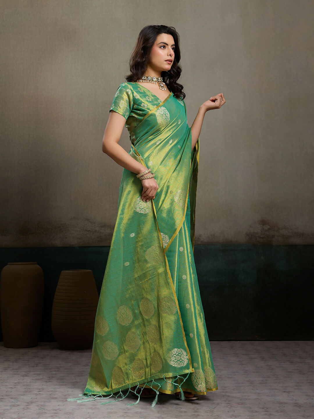 Shree Shyam Fashion Green Tissue Silk Saree | Grocsy