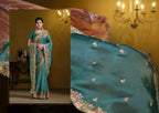 Teal Blue Pure Twill Tissue Pure Khatli work Designer Saree With Blouse. - Rajasvi | Grocsy