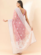 Pink Organza Geometric Embroidered Saree with Unstitched Blouse Piece - Roozal | Grocsy