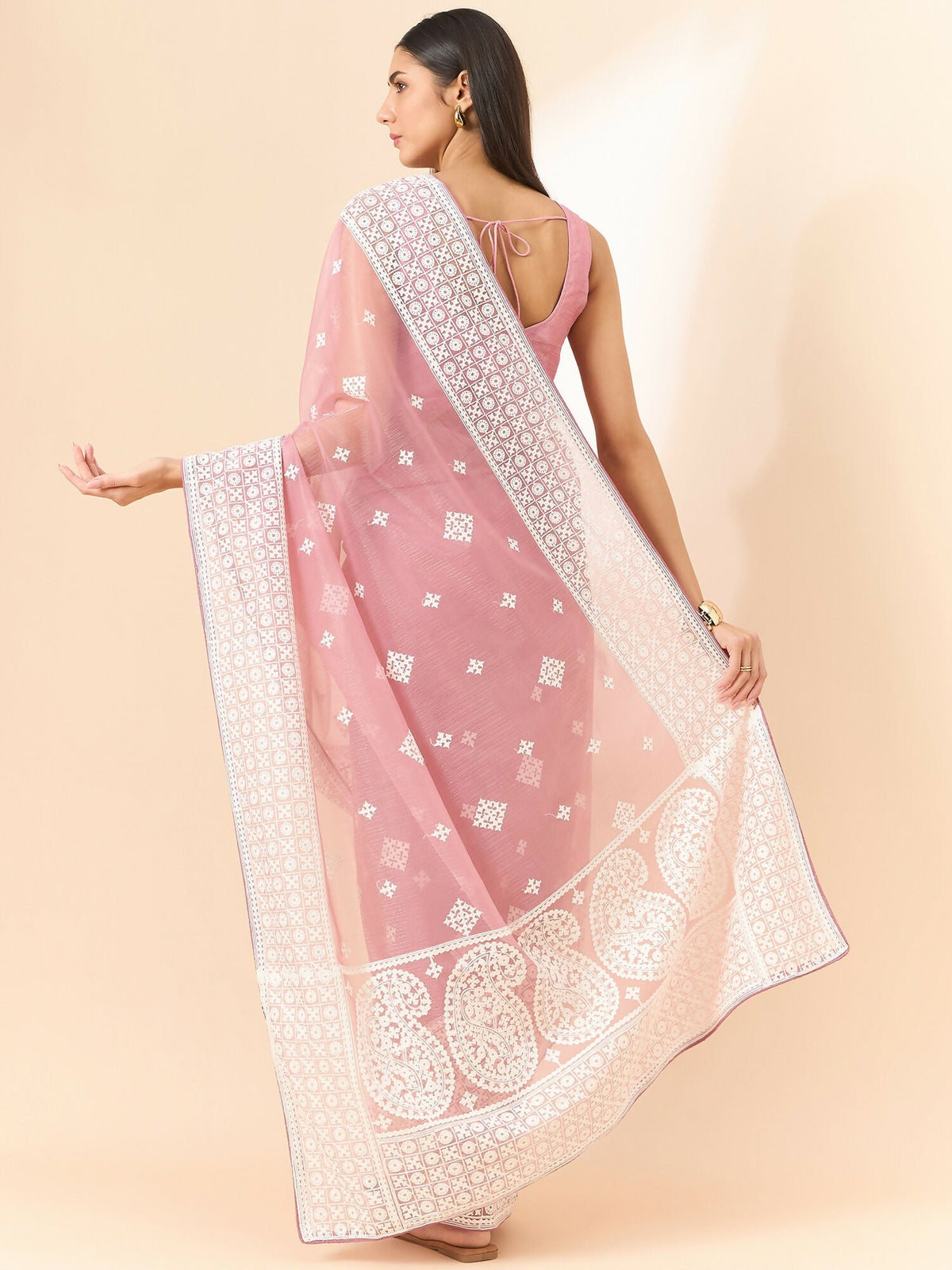 Pink Organza Geometric Embroidered Saree with Unstitched Blouse Piece - Roozal | Grocsy