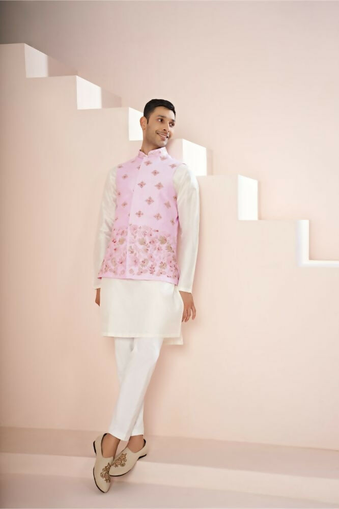 Lavender Pink Hand Embroidered Nehru Jacket by Hilo Design | Grocsy