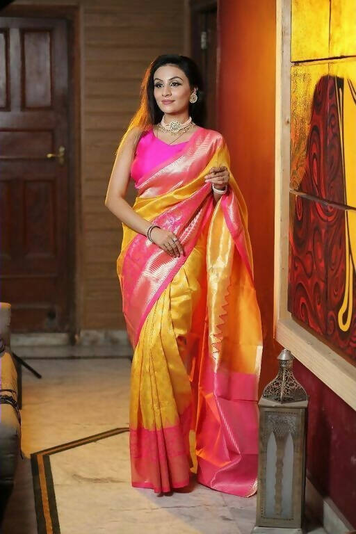 DEIANA'S Beautiful Designer Golden zari Soft Lichi Silk Saree - Yellow | Grocsy