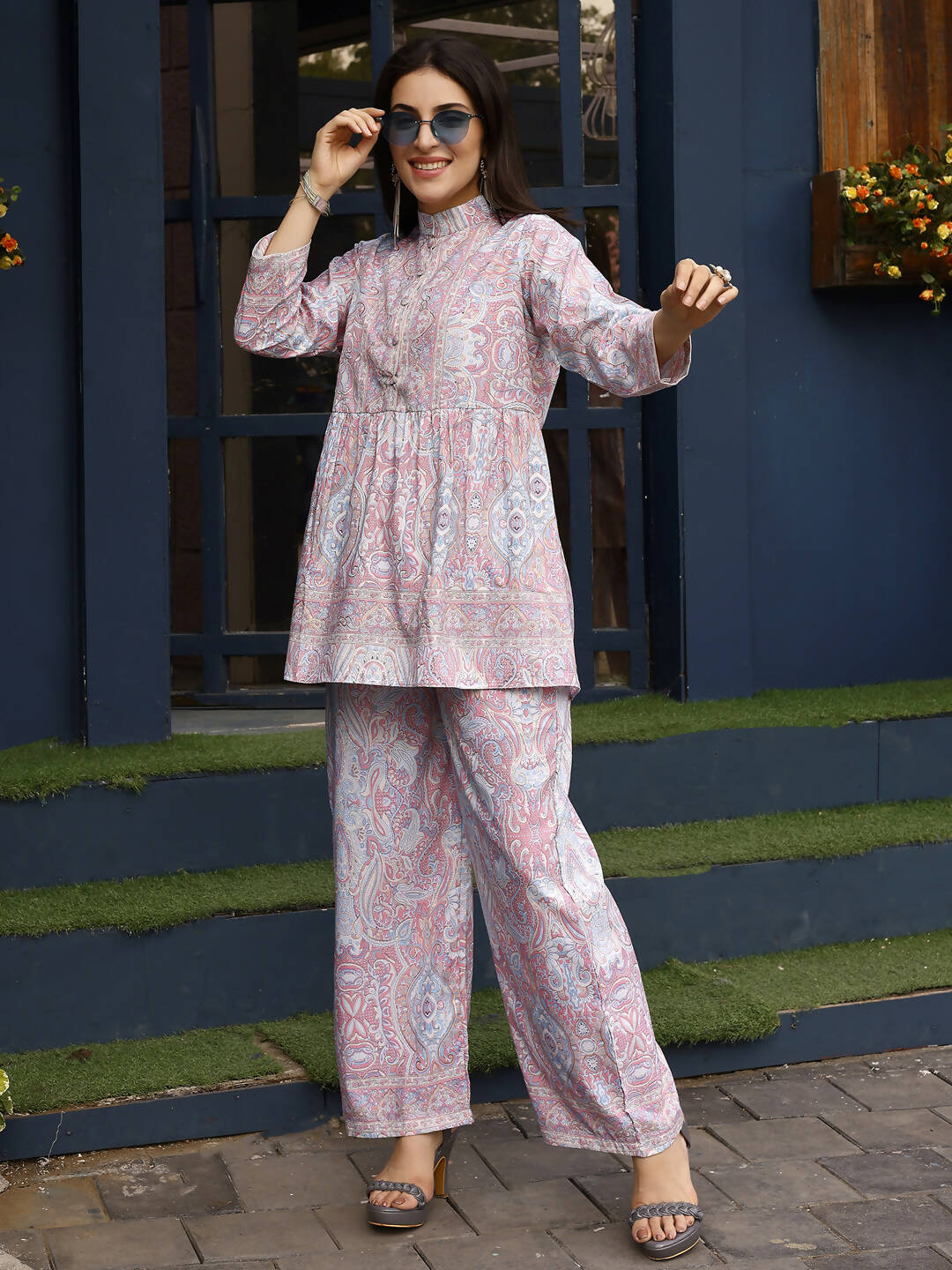 Light Pink Rayon Floral Printed Top with Matching Bottom - Eesha | Grocsy