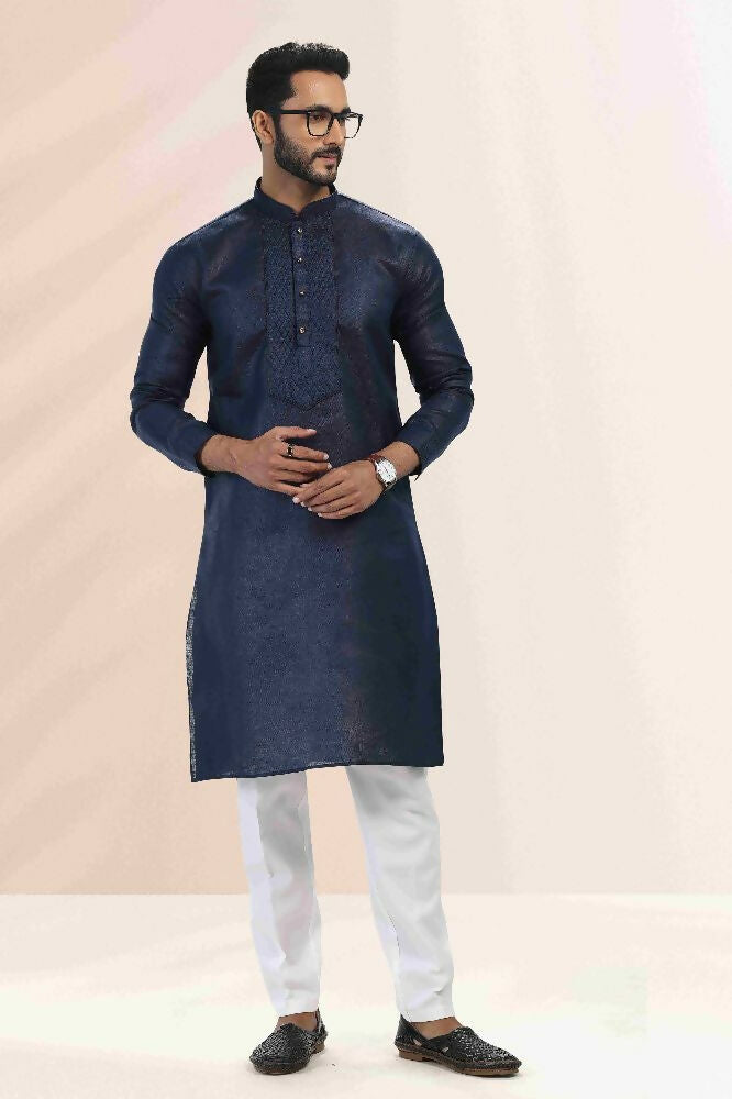 Raivat Ethnic Linen Cotton Pintux Work Kurta Pajama In Blue Colour | Grocsy