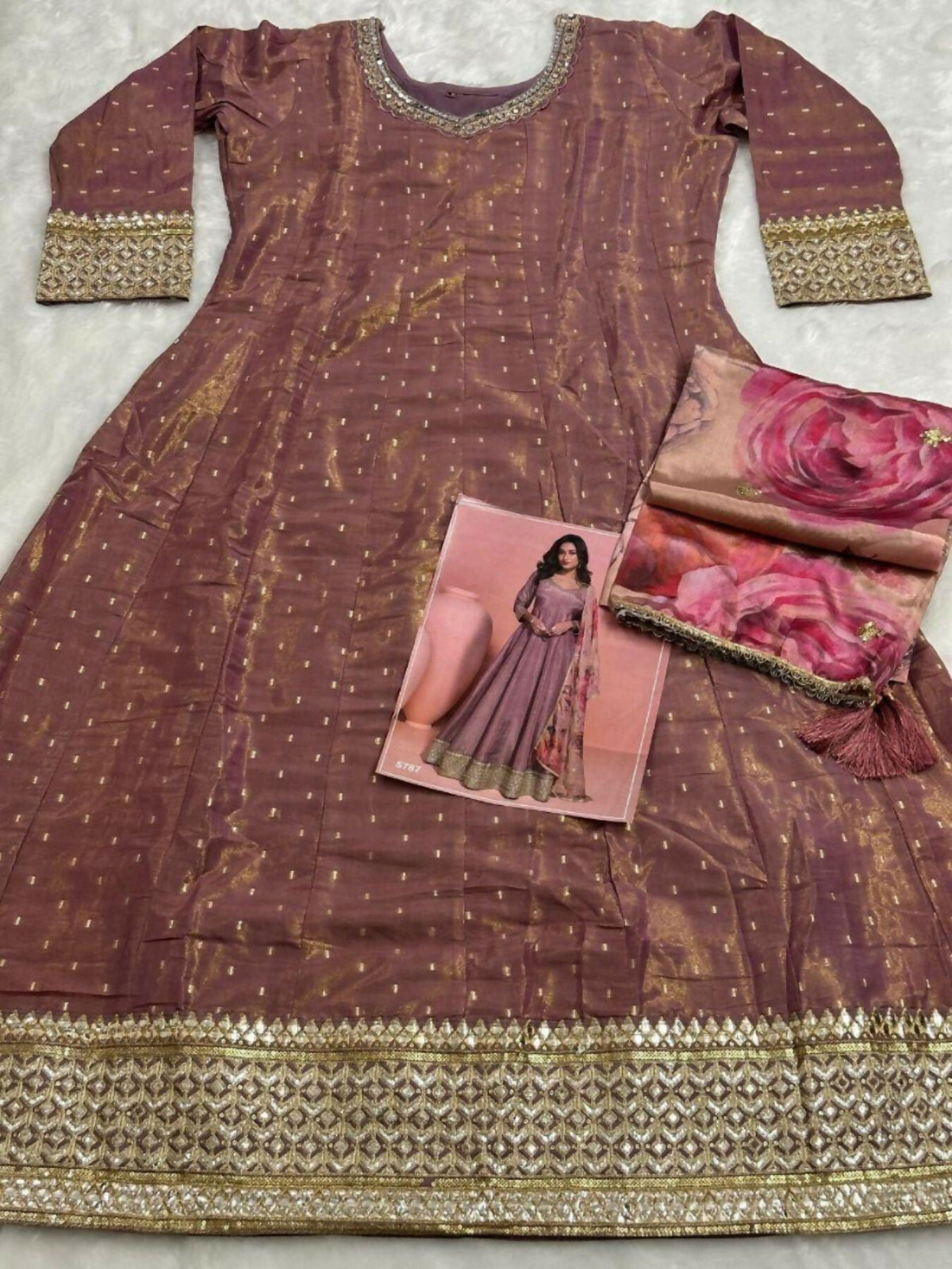 Anaita Brown Shimmer Stitched Anarkali Suit with Sequins Embroidery Foil Stitch Work | Grocsy