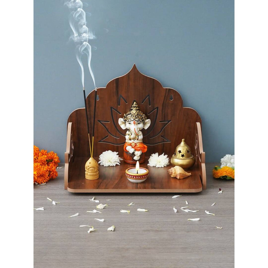 eCraftIndia Brown Lotus Designer Wooden Pooja Temple | Grocsy