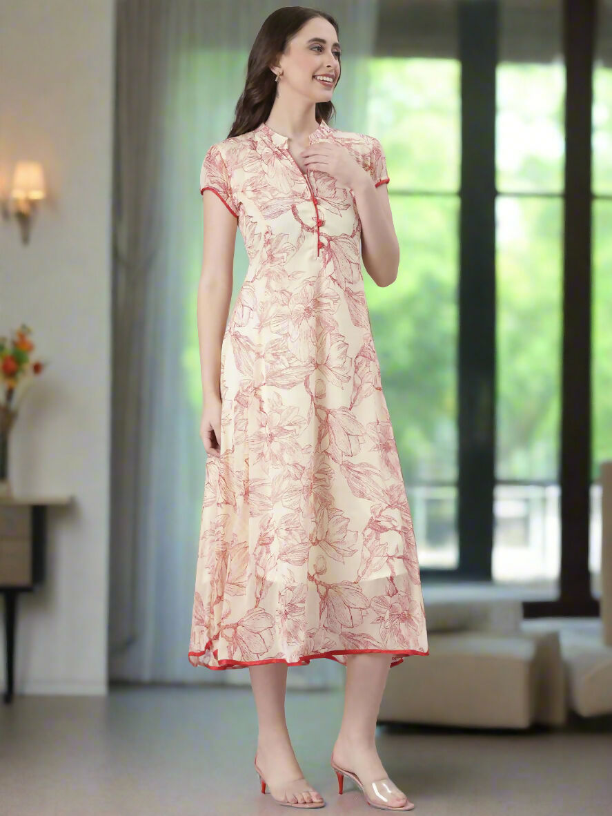 Souchii Floral Tiered Midi Dress For Women – Elegant Beige Button-Front A-Line | Grocsy