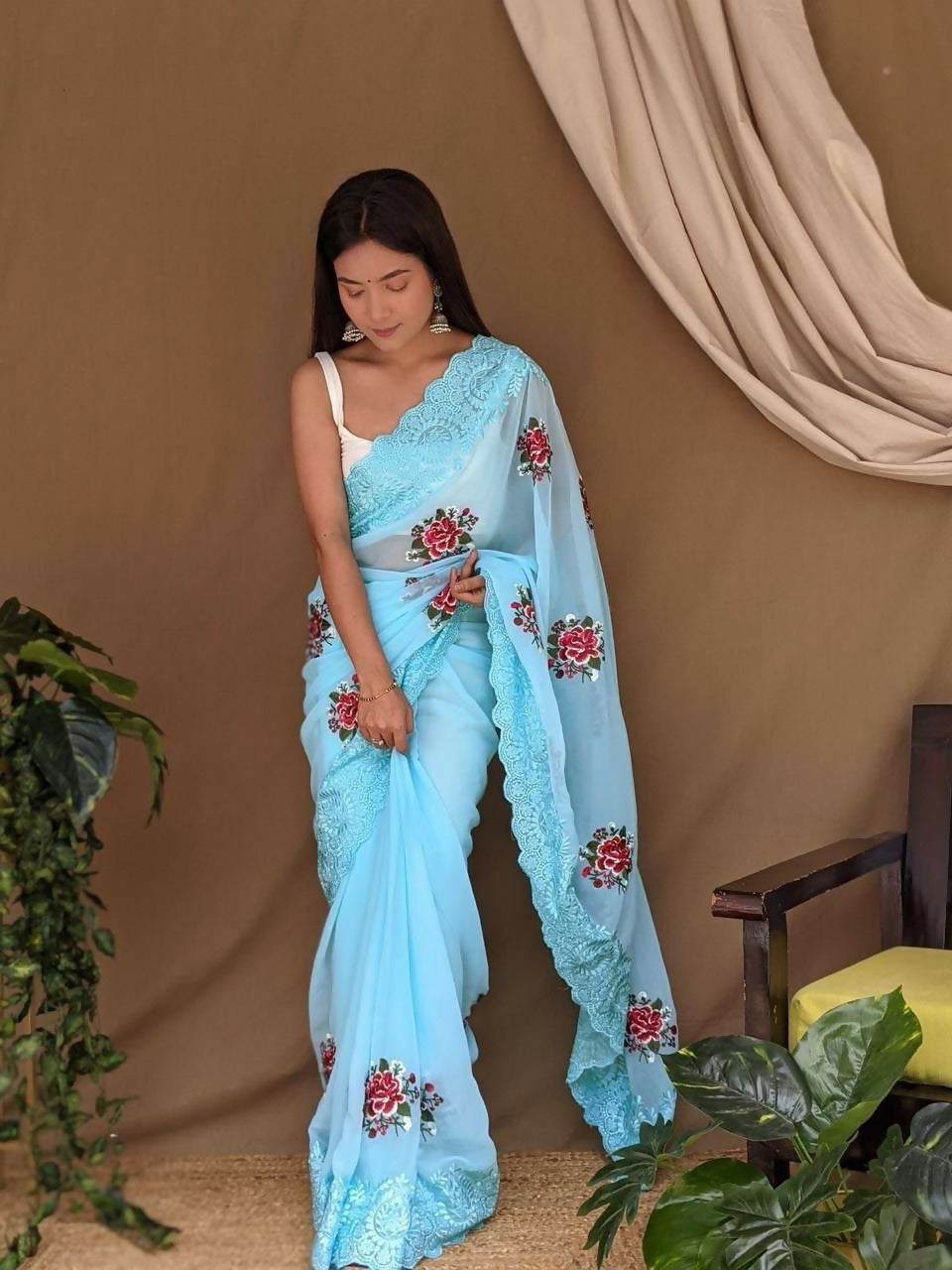 Vamsee Fana Sky Georgette Silk Saree | Grocsy