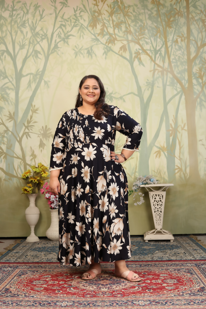 Jyoti Fashion Women's Black Rayon Floral Print with Sequins Designer Anarkali Set | Grocsy