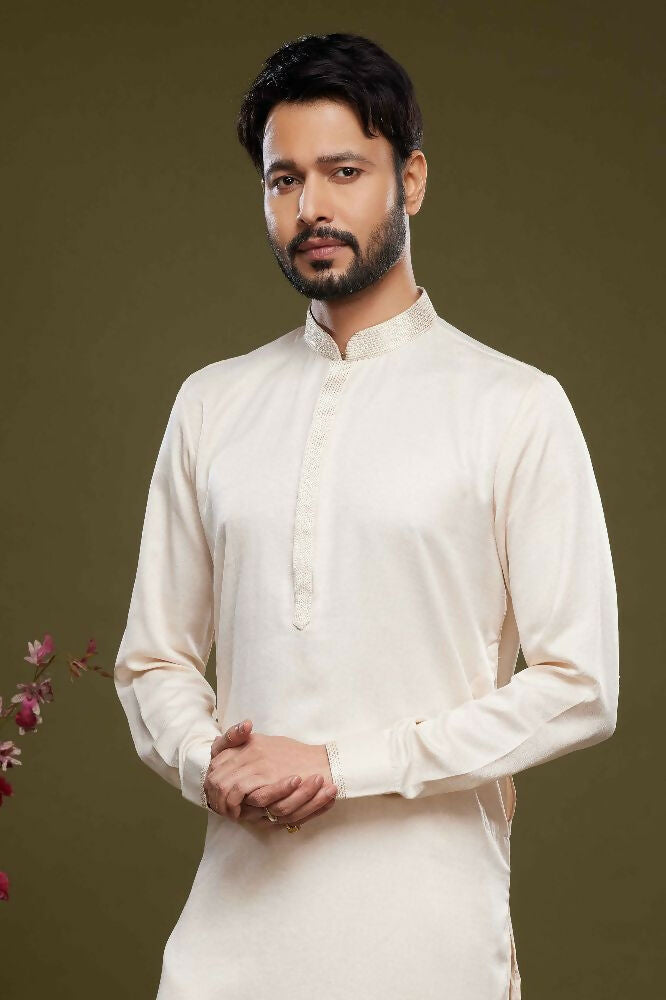 Raivat Ethnic Art Banarasi Silk Thread Work Kurta Pajama In Cream Colour | Grocsy