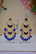 Meenakari Work Gold-Polished 2 Layered Beaded Royal Blue Chandbali Earrings with Kundan and Pearl Work By House of Ree - House of Ree