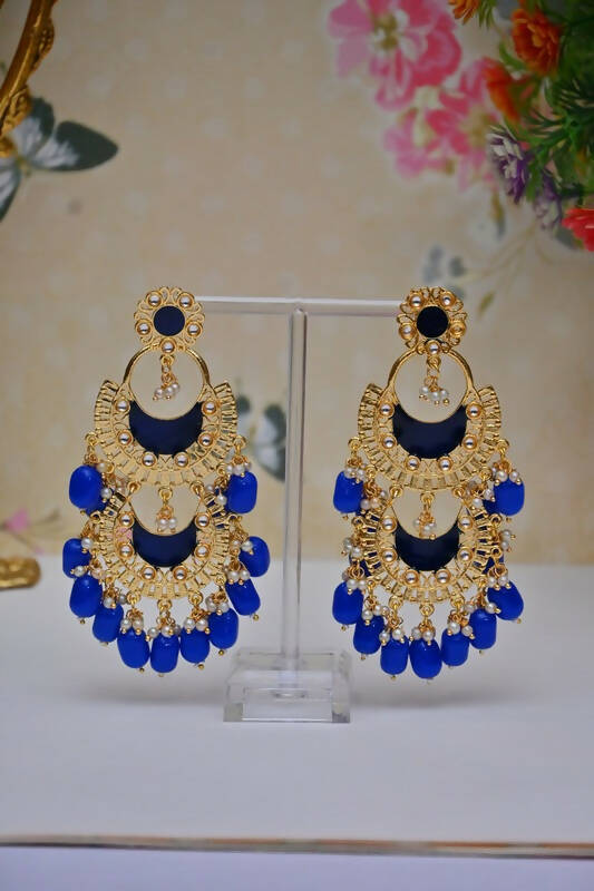 Meenakari Work Gold-Polished 2 Layered Beaded Royal Blue Chandbali Earrings with Kundan and Pearl Work By House of Ree - House of Ree