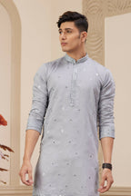 Raivat Ethnic Men's Art Silk Thread Work Kurta Pyjama In Light Grey Colour | Grocsy