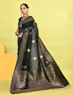 Joban Fashion Grey & Black Plain With Weaving Border Banarasi Silk Sarees | Grocsy