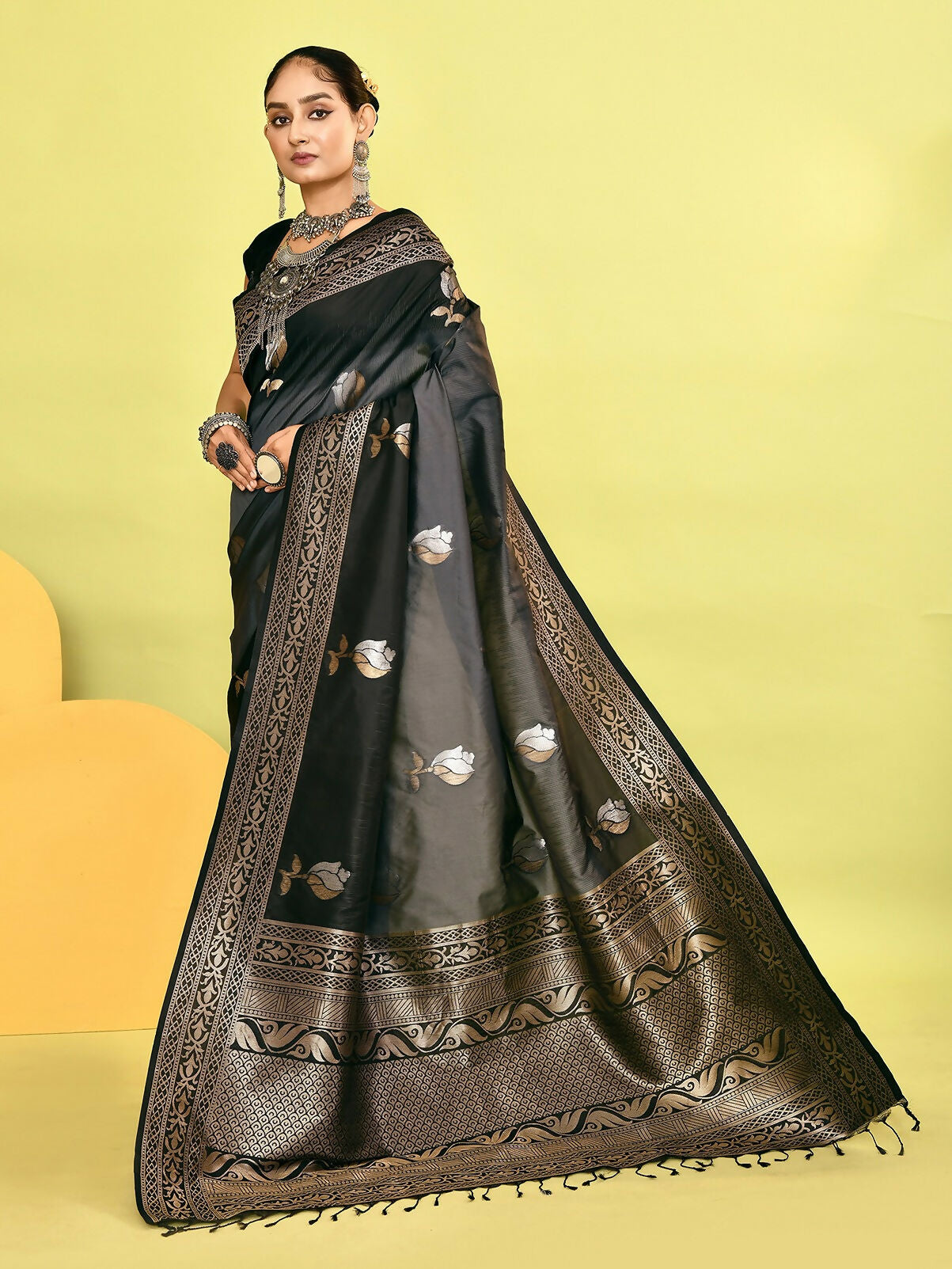 Joban Fashion Grey & Black Plain With Weaving Border Banarasi Silk Sarees | Grocsy