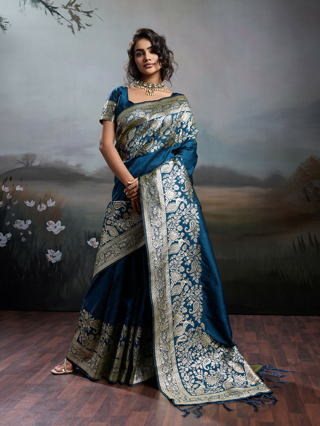 Shree Shyam Fashion Navy Blue Silk Blend Saree | Grocsy