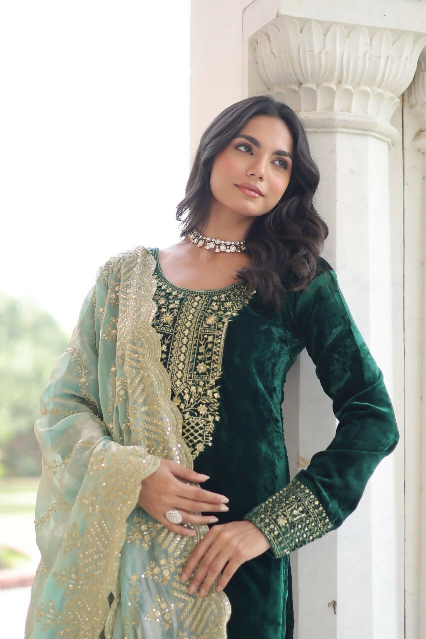 Vastranavya Green Velvet With Rich Sequins & Zari Embroidered Work Top-Bottom With Dupatta | Grocsy