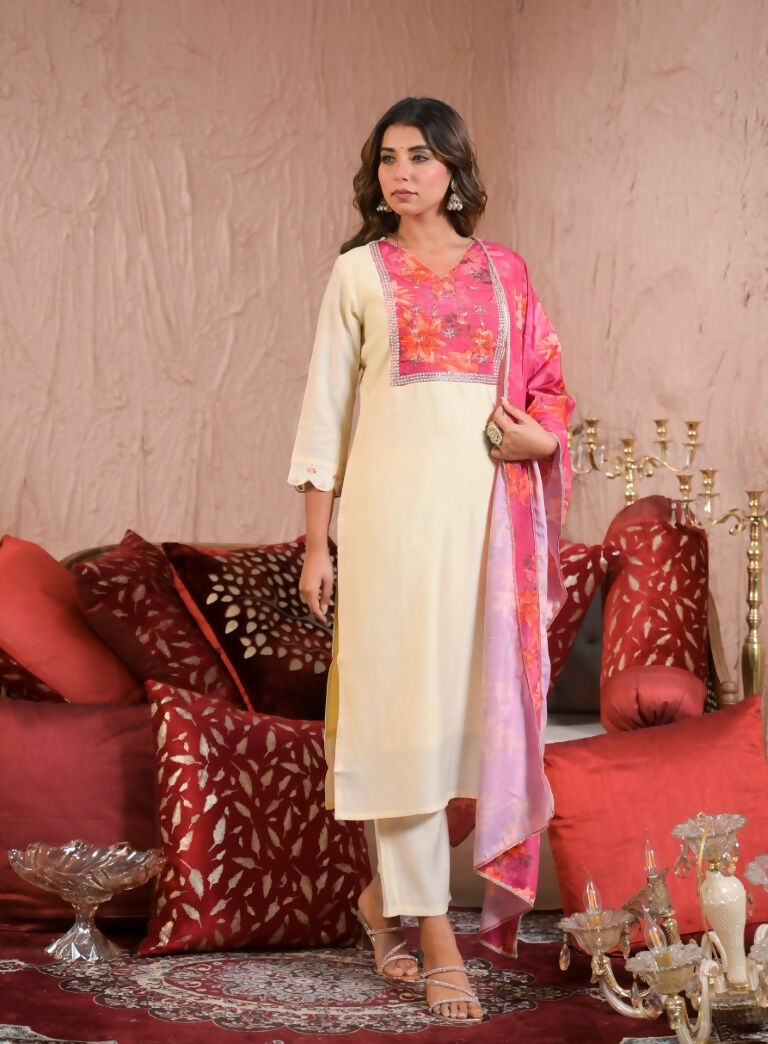 Ethnic Festive Wear Chanderi With Lining White & Pink Stitched Suit With Dupatta - Tanisha | Grocsy