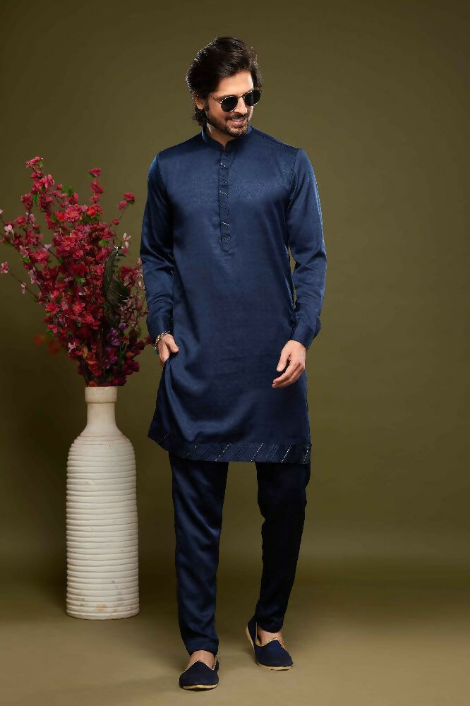 Raivat Ethnic Art Banarasi Silk Thread Work Kurta Pajama In Blue Colour | Grocsy