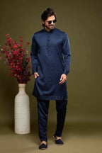 Raivat Ethnic Art Banarasi Silk Thread Work Kurta Pajama In Blue Colour | Grocsy